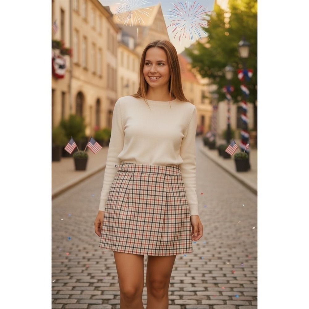 J. Crew Skirt‎ Womens 6 Red Navy Cream Plaid Mini Preppy Workwear wool patriotic